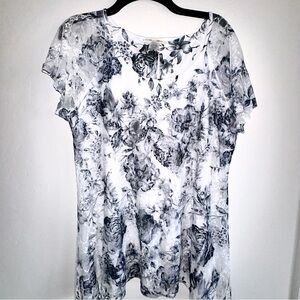 Brittany Black Short Sleeve Top Floral Blouse Black & White Lace Lined Size XL